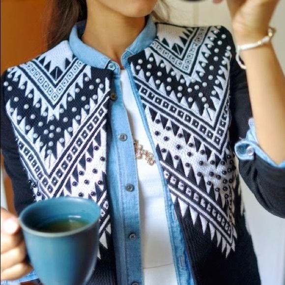 H&M Beaded Embroidered Crop Black & White Jacket - 6 - Picture 2 of 16